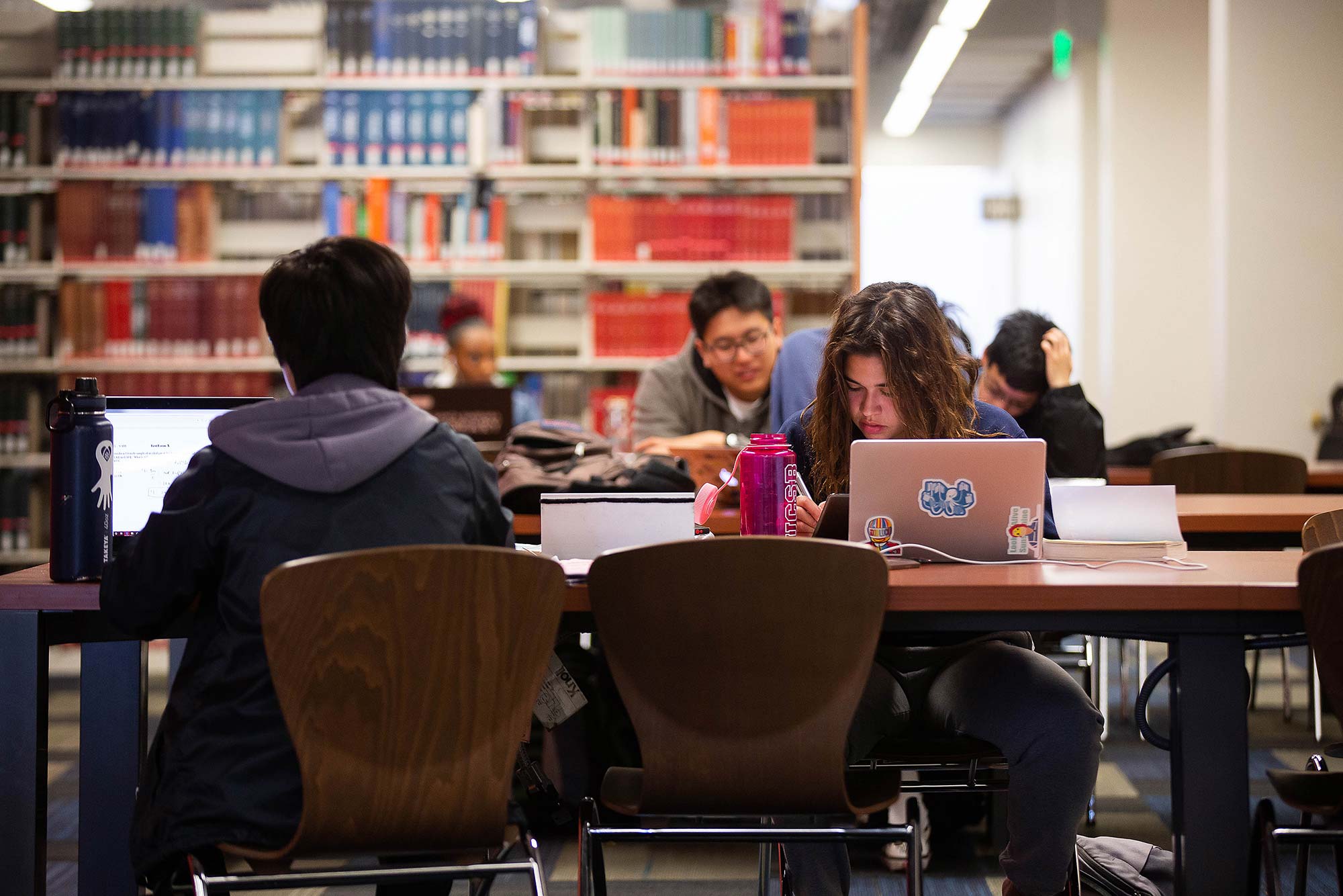 Students studying at library, bookshelves in background
